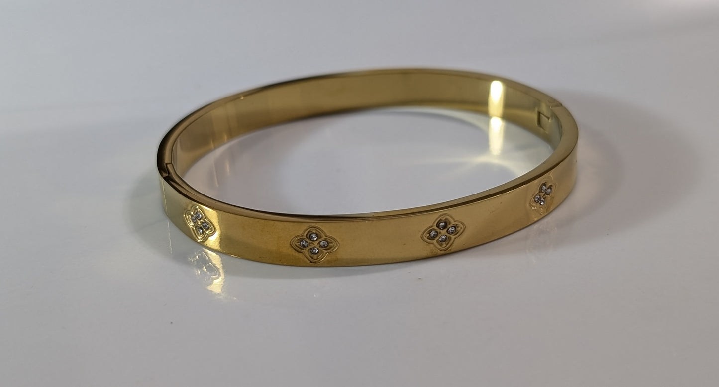 Flower bangle bracelet in gold-plated or silver-colored stainless steel