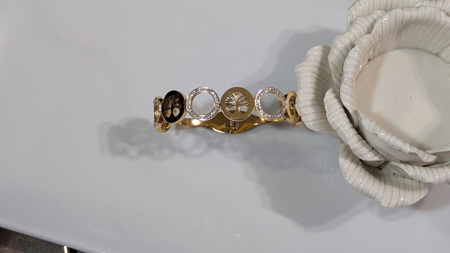 18K Gold Plated Stainless Steel Tree Motif Bracelet with Micro-Inlaid Zirconia