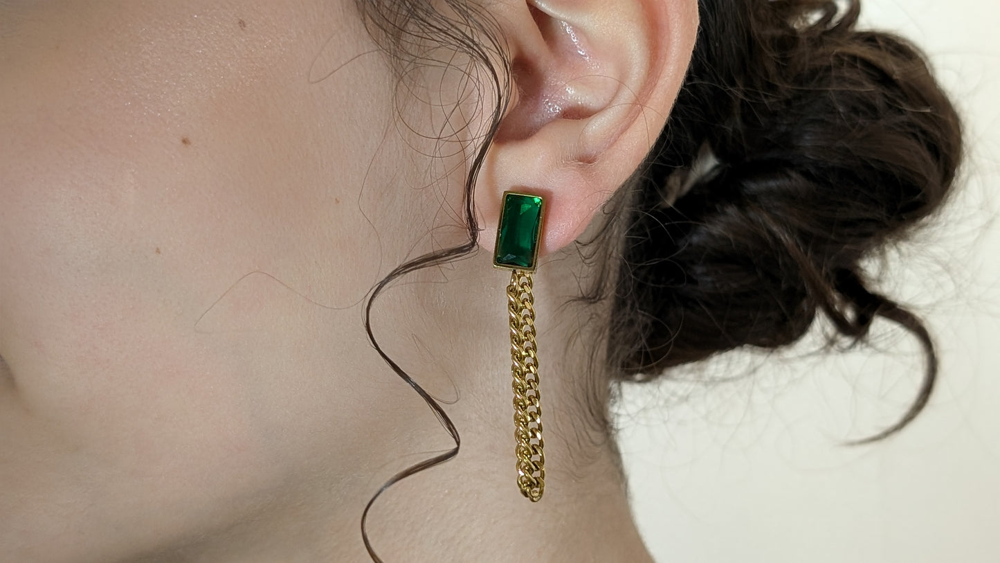 Boucles d'oreilles émeraude verte avec chaînes cuban