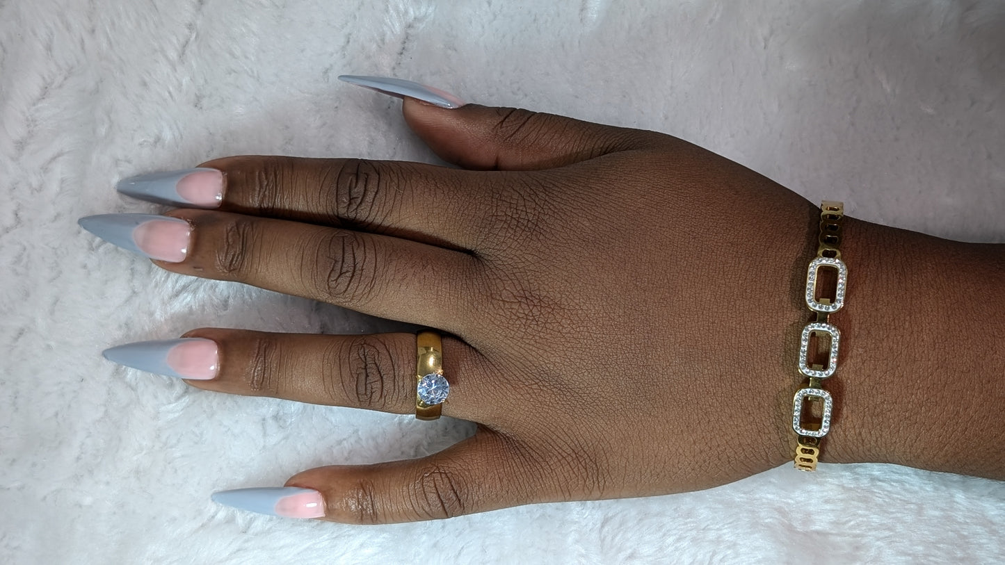 Bague sertie Zirconium en acier inoxydable plaqué Or 18K