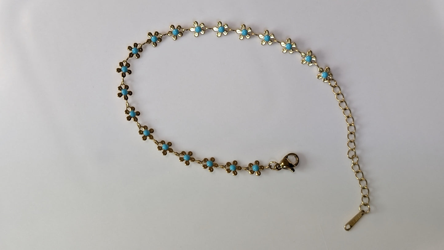 Bracelet fleurs minimaliste avec pierres bleues en acier inoxydable plaqué Or 18K