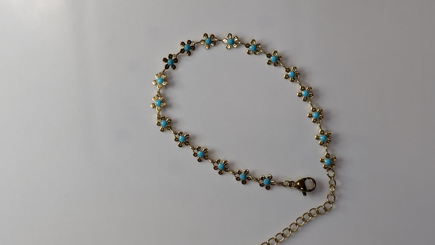 Bracelet fleurs minimaliste avec pierres bleues en acier inoxydable plaqué Or 18K