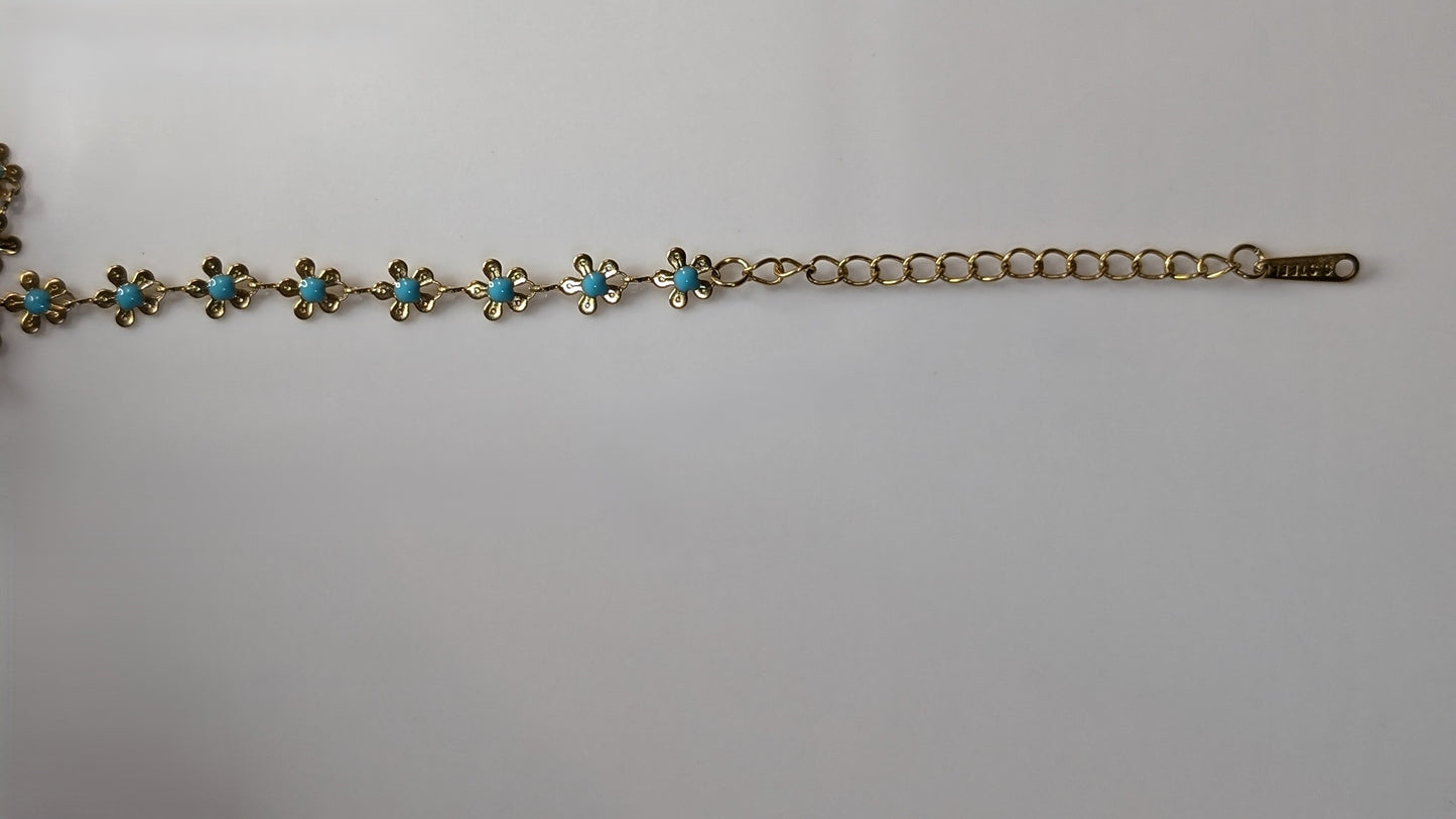 Bracelet fleurs minimaliste avec pierres bleues en acier inoxydable plaqué Or 18K
