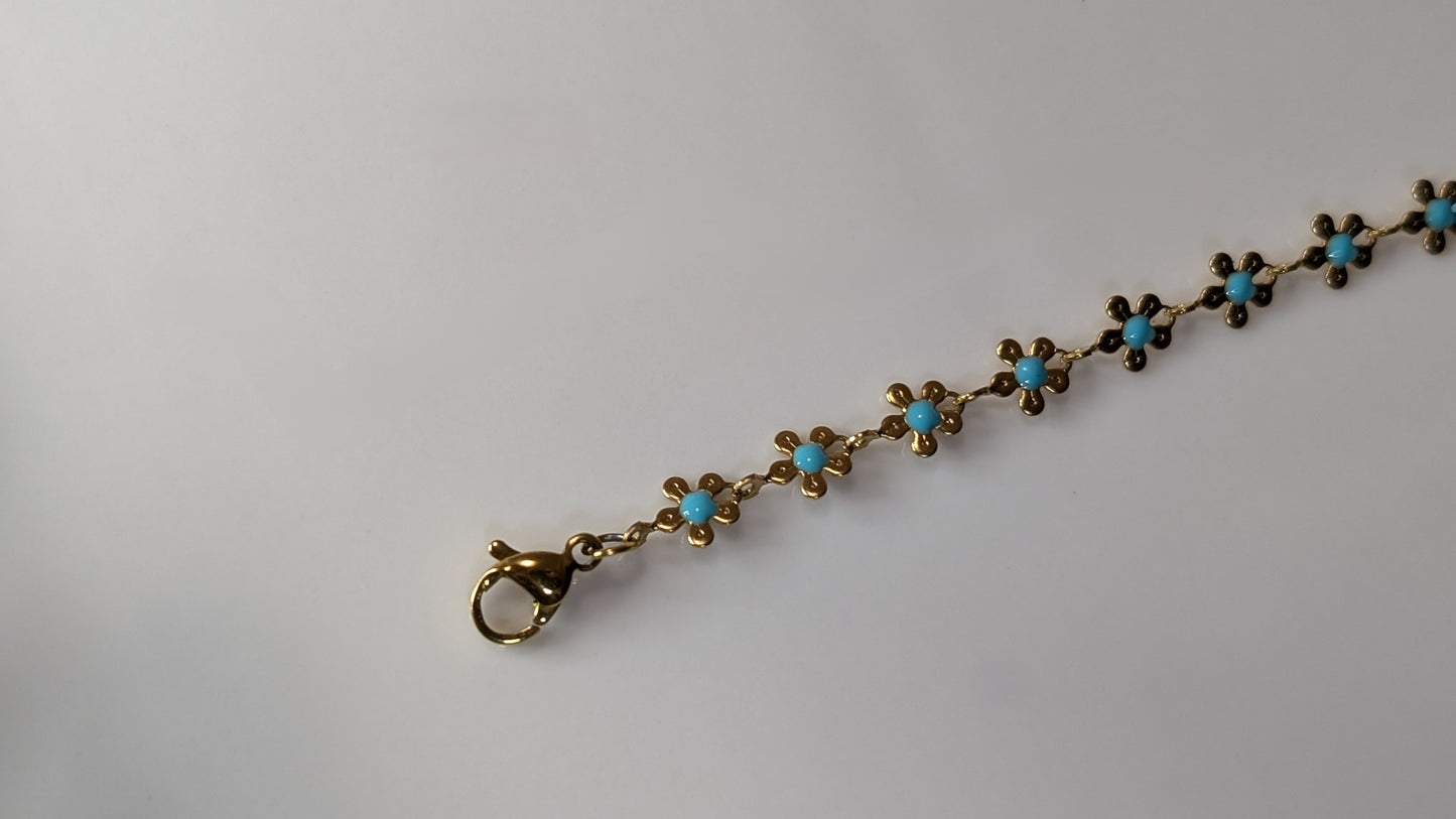 Bracelet fleurs minimaliste avec pierres bleues en acier inoxydable plaqué Or 18K