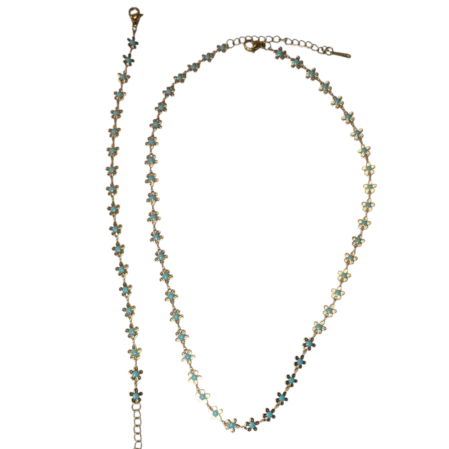 Minimalist Blue Flower Necklace and Bracelet Set in 18K Gold Plated Stainless Steel