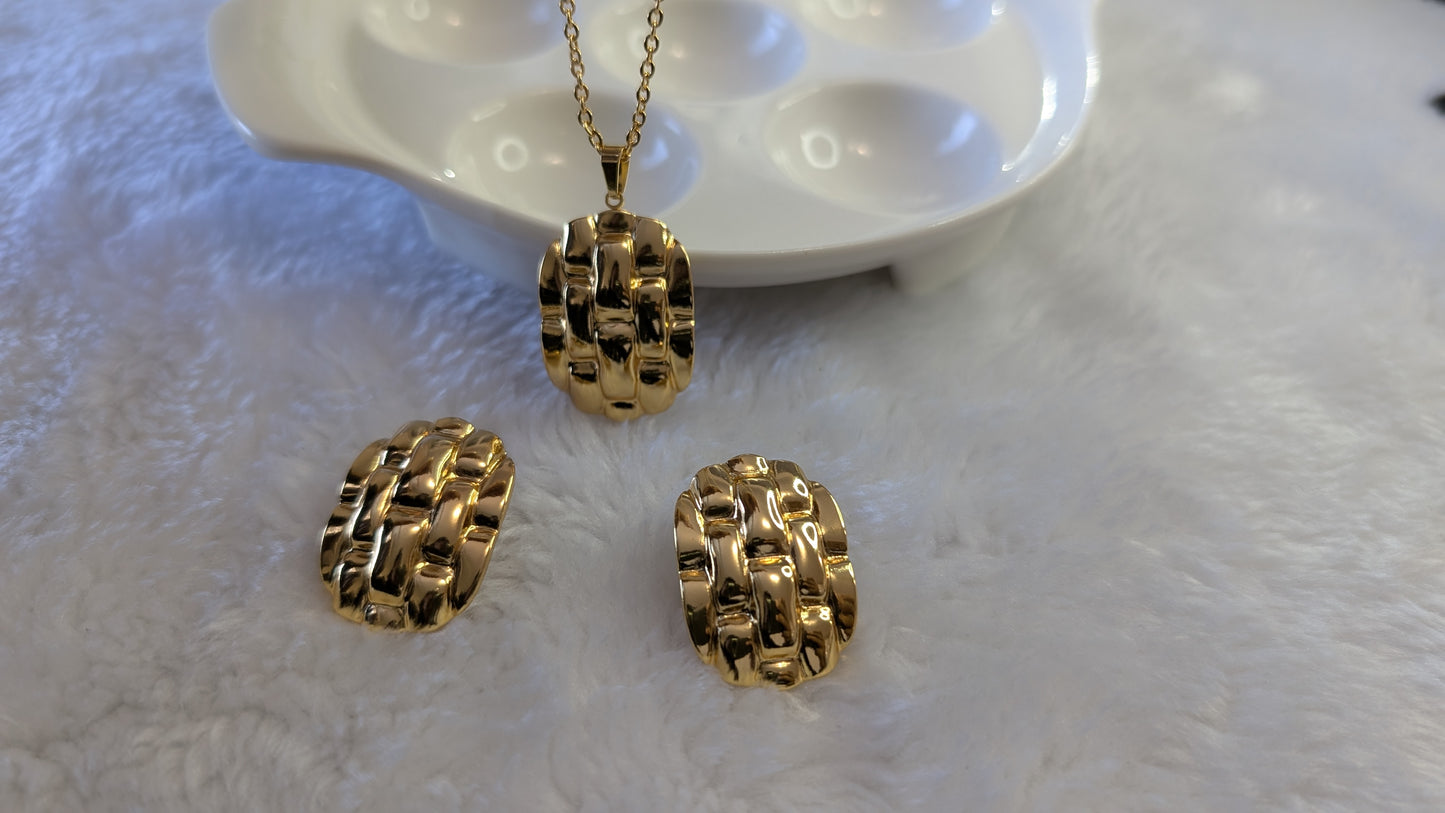 Vagues Dorées - Ensemble de Bijoux Ovale Texturé en Acier Inoxydable