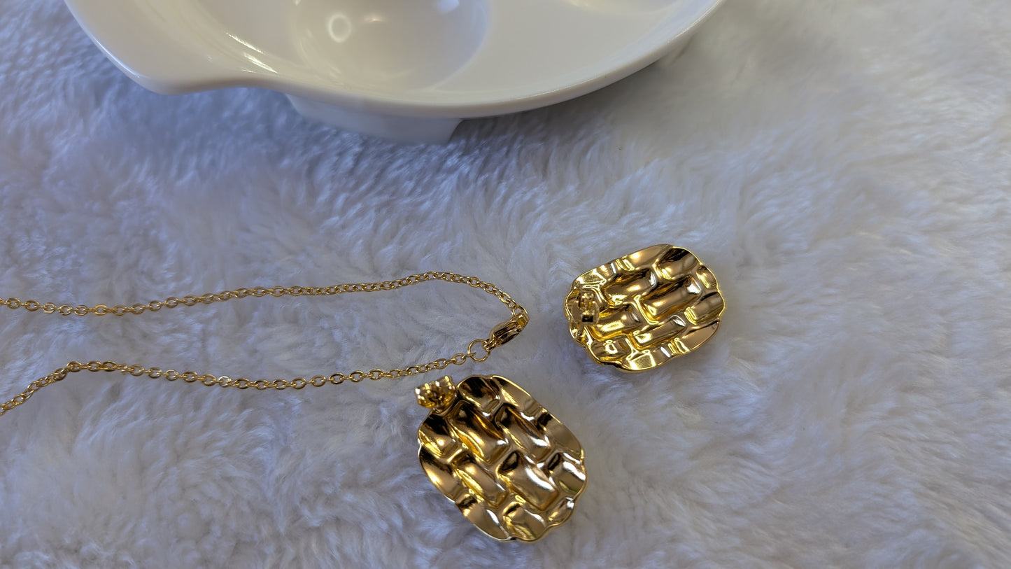 Vagues Dorées - Ensemble de Bijoux Ovale Texturé en Acier Inoxydable