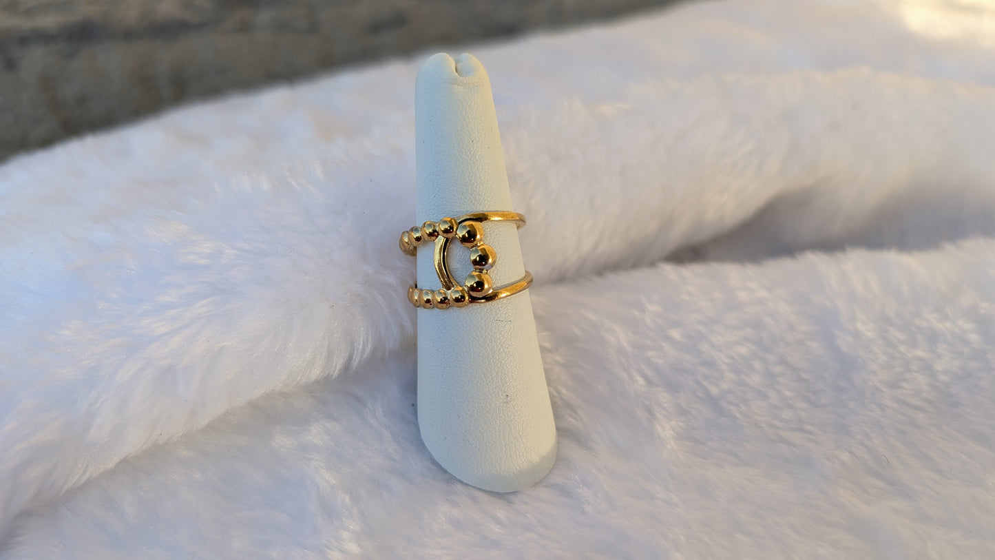 Bague Double Anneau Ouverte en Acier Inoxydable Doré avec Billes
