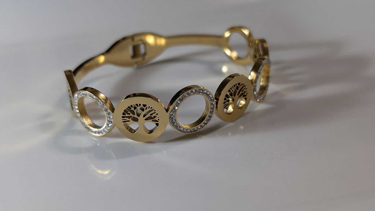 Bracelet en acier inoxydable plaqué Or 18K en motifs d'arbres avec Zircone micro-incrustés