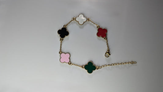 Bracelet trèfles multicolores (Rouge, blanc, noire et rose) en plaqué Or serti de nacres - Unisexe