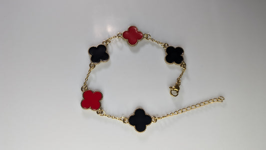 Bracelet trèfles multicolores (Rouge et noire) en plaqué Or serti de nacres - Unisexe