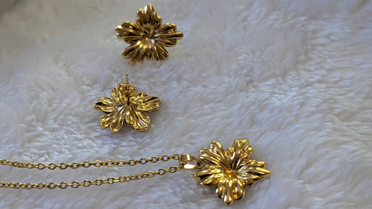 Éclat Tropical - Ensemble de Bijoux Fleur en Acier Inoxydable Doré