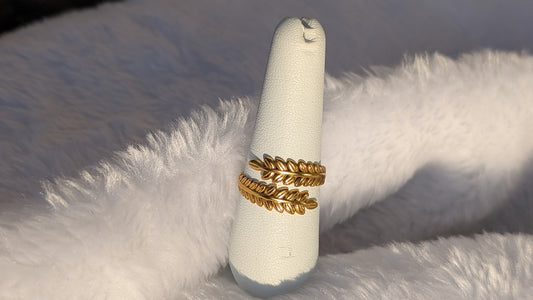 Bague Double Anneau Ouverte en Acier Inoxydable Doré - Motif Épis Tressés