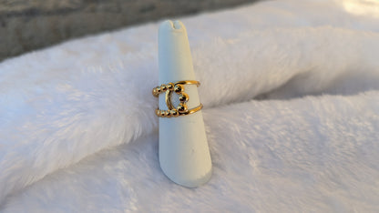 Bague Double Anneau Ouverte en Acier Inoxydable Doré avec Billes