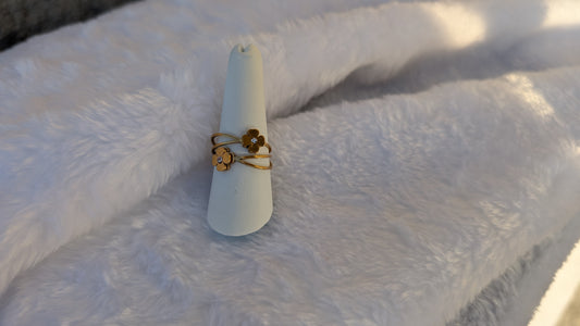 Bague Double Anneau Ouverte en Acier Inoxydable Doré avec Fleurs et Zircon Central