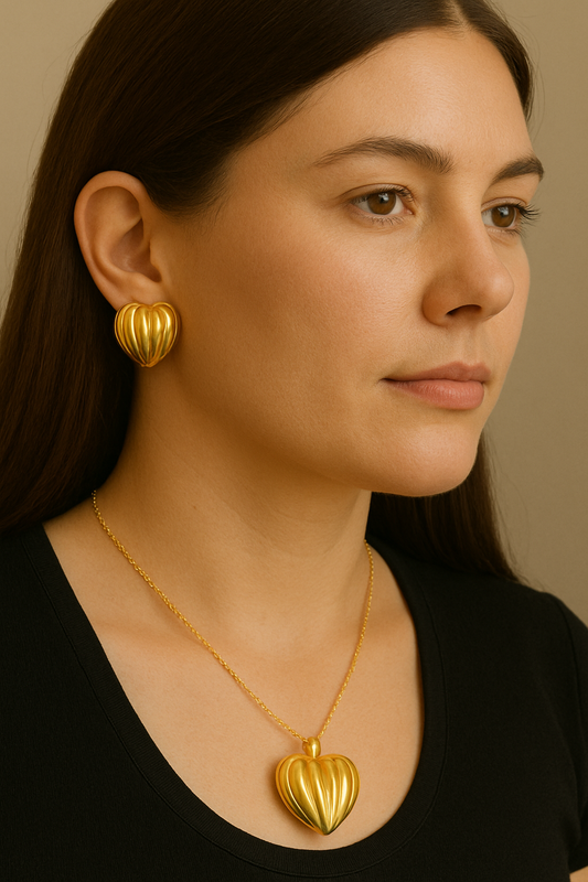 Cœur Rayonnant - Ensemble de Bijoux Cœur Texturé en Acier Inoxydable Doré